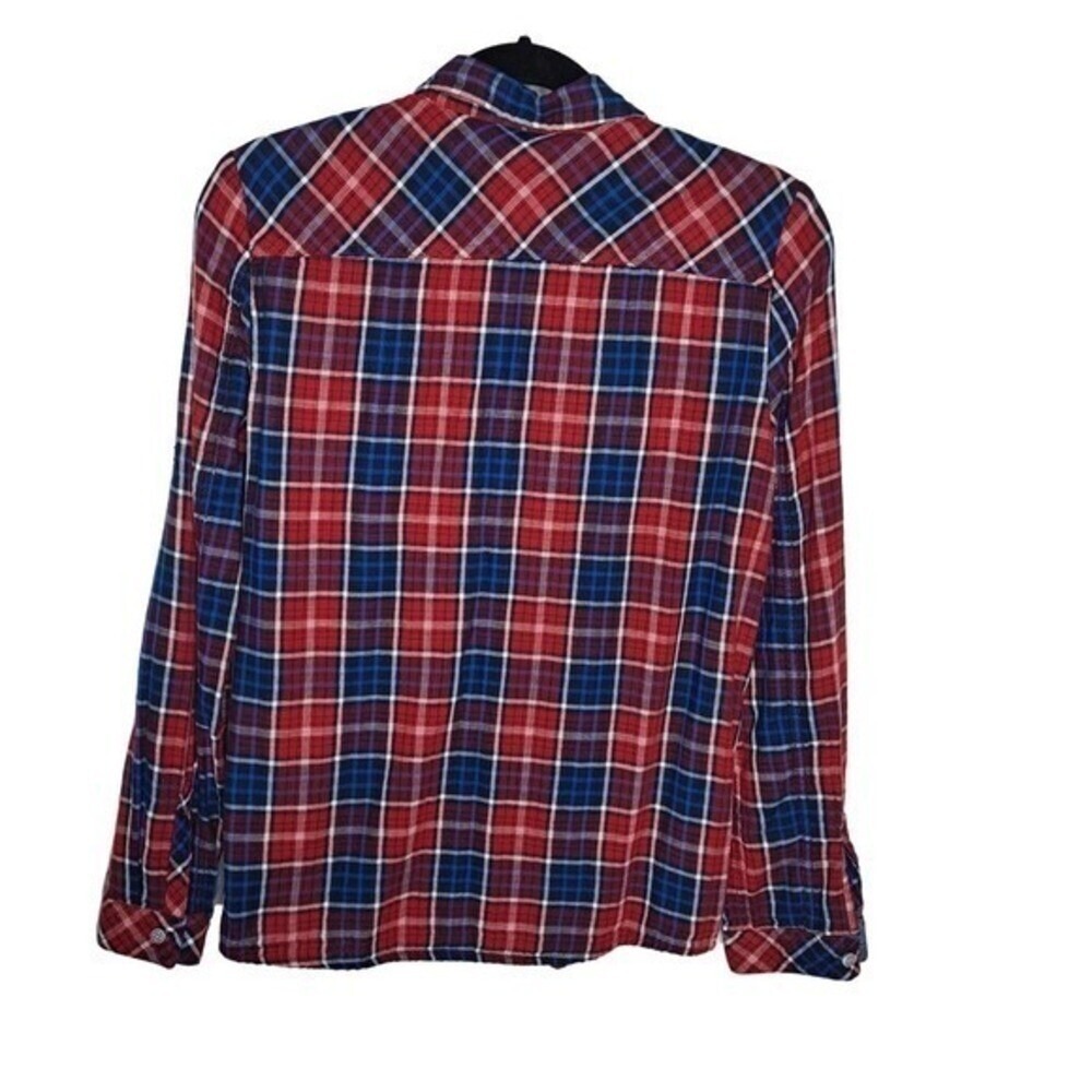 Jeep Spirit Plaid Flannel Button Down Shirt Womens S Red Blue Roll Tab Sleeve - Picture 6 of 13